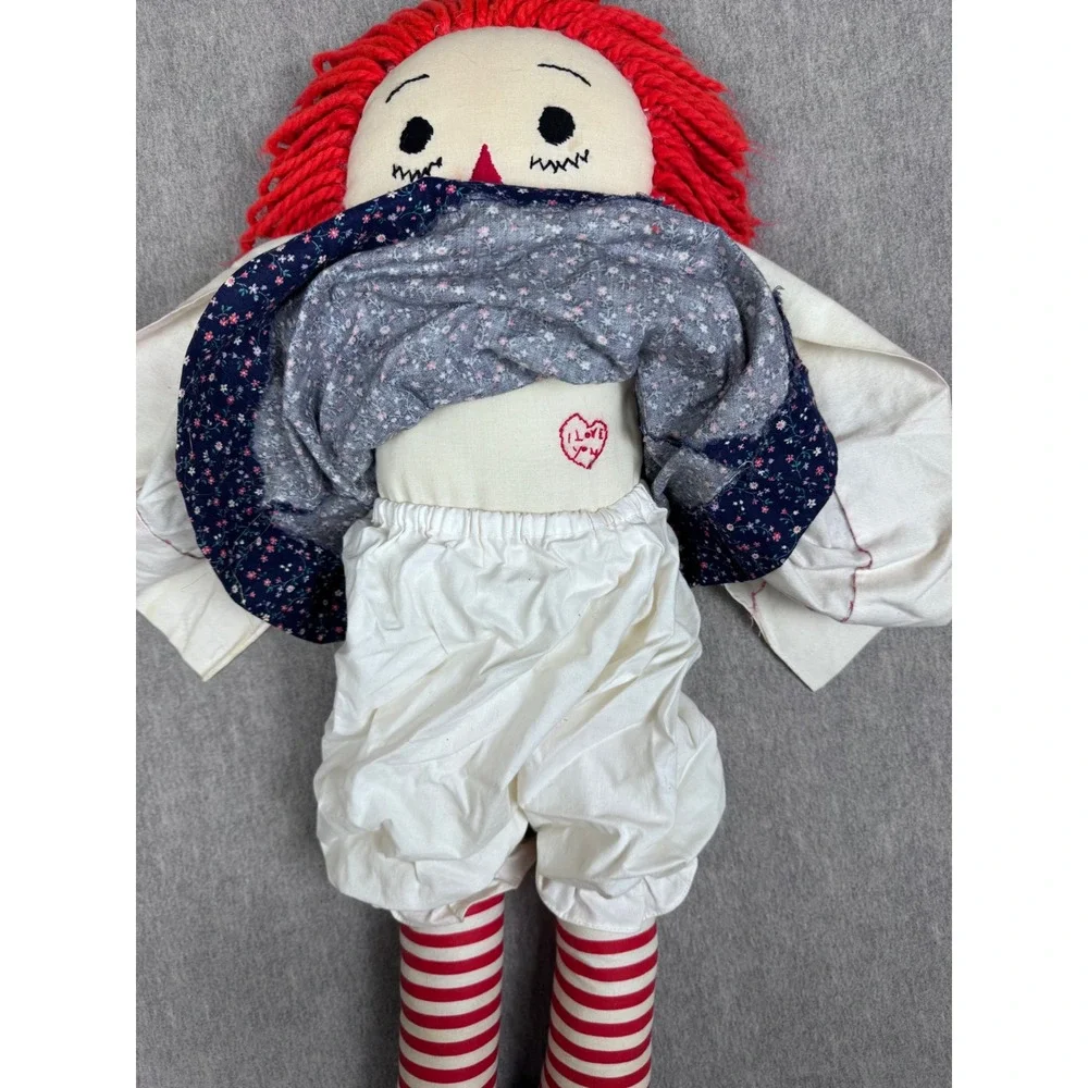 Vintage Raggedy Ann Cloth Doll Red Yarn Hair Floral Dress 20 Inch Plush Toy